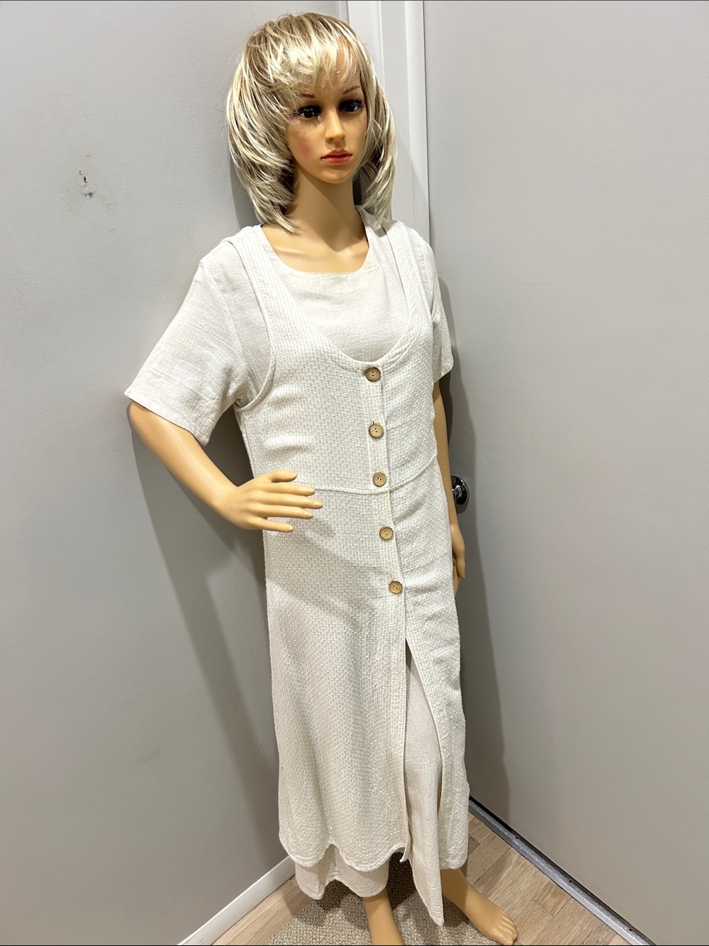 Women’s Vintage  Cream Maxi Dress with coordinating longline vest.